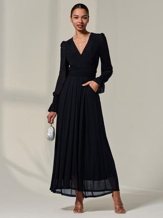 Long Sleeve Mesh Maxi Dress, Black
