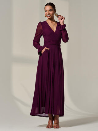 Long Sleeve Mesh Maxi Dress, Dark Purple