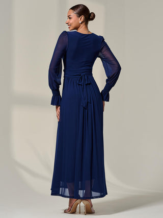 Long Sleeve Mesh Maxi Dress, Navy