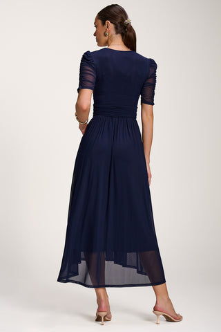 Mesh Ruched Sleeve Maxi Dress, Navy
