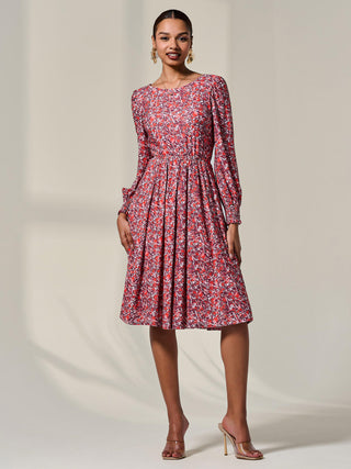 Long Sleeve Jersey Midi Dress, Orange Abstract