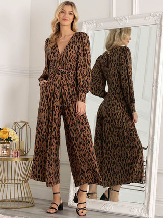 Jolie Moi Gael Long Sleeve Jumpsuit, Brown Animal