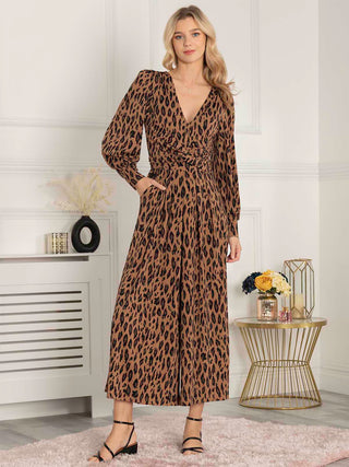 Jolie Moi Gael Long Sleeve Jumpsuit, Brown Animal