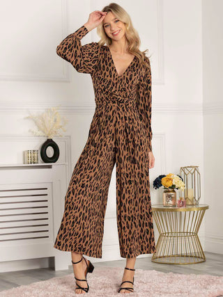 Jolie Moi Gael Long Sleeve Jumpsuit, Brown Animal