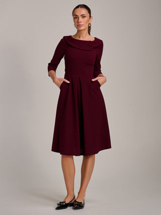 Fold Collar Button Detail Dress, Burgundy