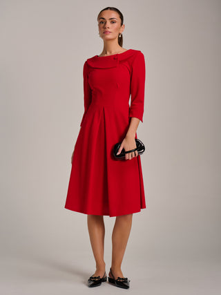Fold Collar Button Detail Dress, Poppy Red