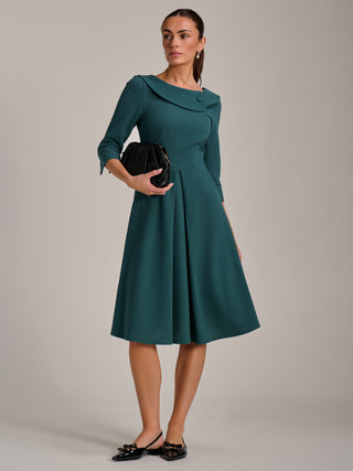 Fold Collar Button Detail Dress, Retro Green
