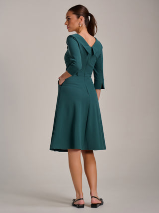 Fold Collar Button Detail Dress, Retro Green