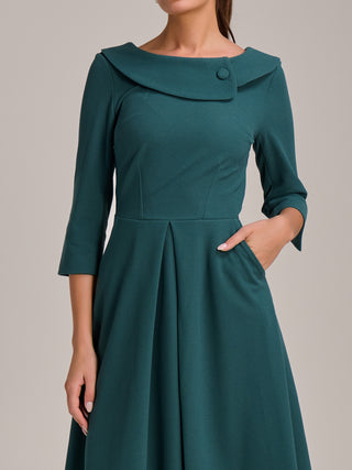Fold Collar Button Detail Dress, Retro Green