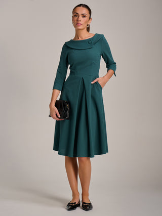 Fold Collar Button Detail Dress, Retro Green