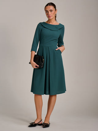 Fold Collar Button Detail Dress, Retro Green