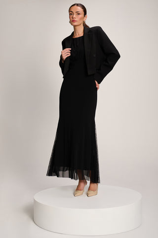 Lace Insert Mesh Maxi Dress, Black