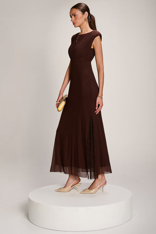 Lace Insert Mesh Maxi Dress, Brown