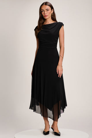 Asymmetrical Draped Mesh Maxi Dress, Black