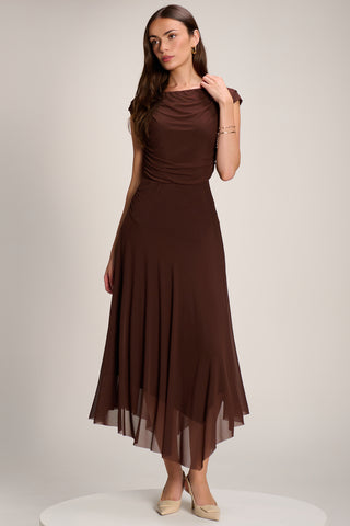 Asymmetrical Draped Mesh Maxi Dress, Brown