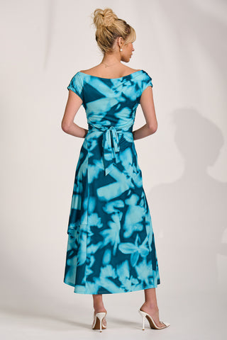 Draped Asymmetric Jersey Midi dress, Teal Abstract