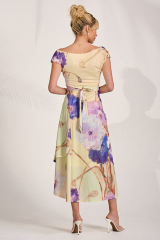 Draped Asymmetric Jersey Midi dress, Yellow Floral
