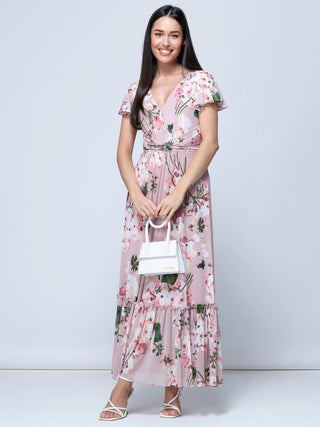 Kailee Mesh Floral Print Maxi Dress, Dusty Pink