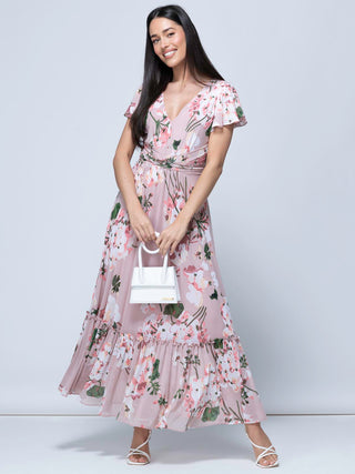 Kailee Mesh Floral Print Maxi Dress, Dusty Pink