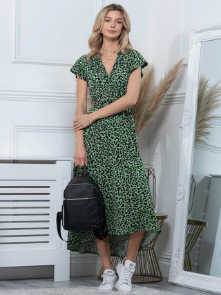 Lola Wrap Dip Hem Maxi Dress, Green Animal