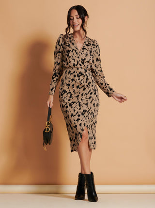 Printed Wrap Detail Bodycon Dress, Beige Leo