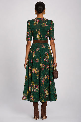 Half Sleeve Print Lace Maxi Dress, Green Floral