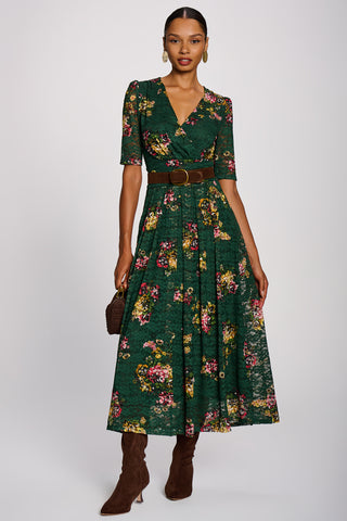 Half Sleeve Print Lace Maxi Dress, Green Floral