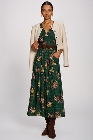 Half Sleeve Print Lace Maxi Dress, Green Floral