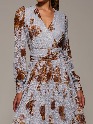 Long Sleeve Printed Lace Midaxi Dress, Blue Floral