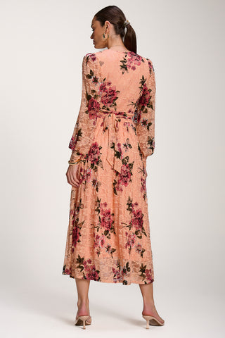 Long Sleeve Printed Lace Midaxi Dress, Coral Floral