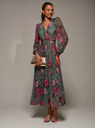 Long Sleeve Printed Lace Midaxi Dress, Green Floral