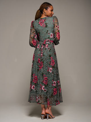 Long Sleeve Printed Lace Midaxi Dress, Green Floral
