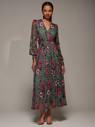 Long Sleeve Printed Lace Midaxi Dress, Green Floral