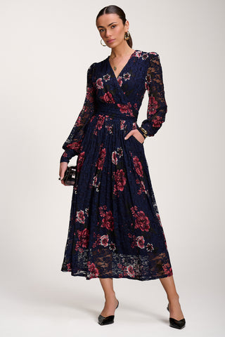 Long Sleeve Printed Lace Midaxi Dress, Navy Floral