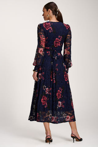 Long Sleeve Printed Lace Midaxi Dress, Navy Floral