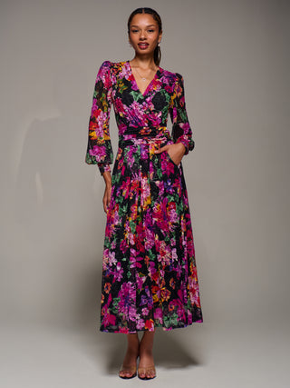 Long Sleeve Printed Lace Midaxi Dress, Purple Floral