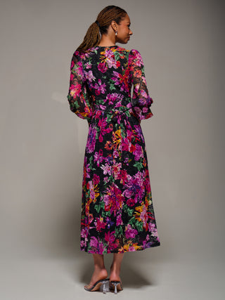 Long Sleeve Printed Lace Midaxi Dress, Purple Floral