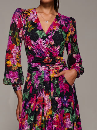 Long Sleeve Printed Lace Midaxi Dress, Purple Floral