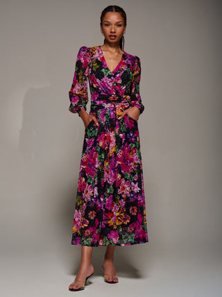 Long Sleeve Printed Lace Midaxi Dress, Purple Floral