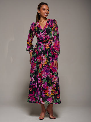 Long Sleeve Printed Lace Midaxi Dress, Purple Floral