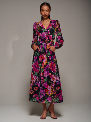 Long Sleeve Printed Lace Midaxi Dress, Purple Floral