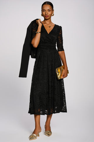 3/4 Sleeve Pleated Lace Maxi Dress, Black