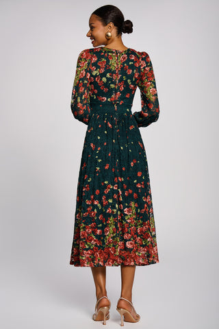 Long Sleeve Printed Lace Maxi Dress, Dark Green Multi