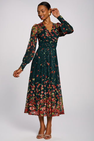 Long Sleeve Printed Lace Maxi Dress, Dark Green Multi