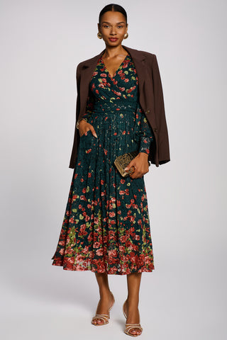 Long Sleeve Printed Lace Maxi Dress, Dark Green Multi