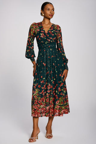 Long Sleeve Printed Lace Maxi Dress, Dark Green Multi