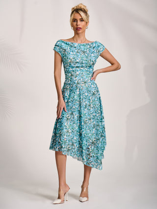 Asymmetric Printed Lace Draped Dress, Blue Abstract