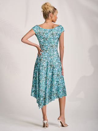 Asymmetric Printed Lace Draped Dress, Blue Abstract