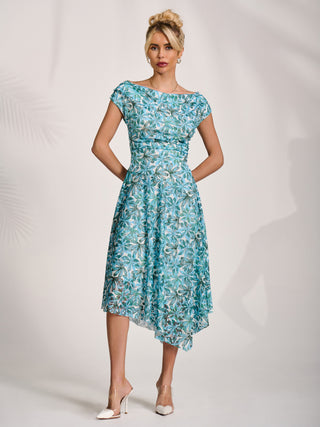 Asymmetric Printed Lace Draped Dress, Blue Abstract