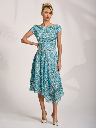Asymmetric Printed Lace Draped Dress, Blue Abstract